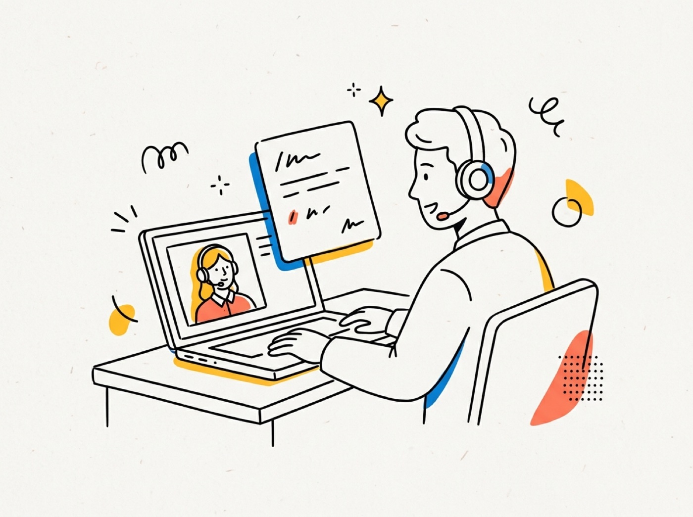 Illustration d’un stagiaire de centre d’appel avec un casque, un formateur sur l’écran et une carte de script