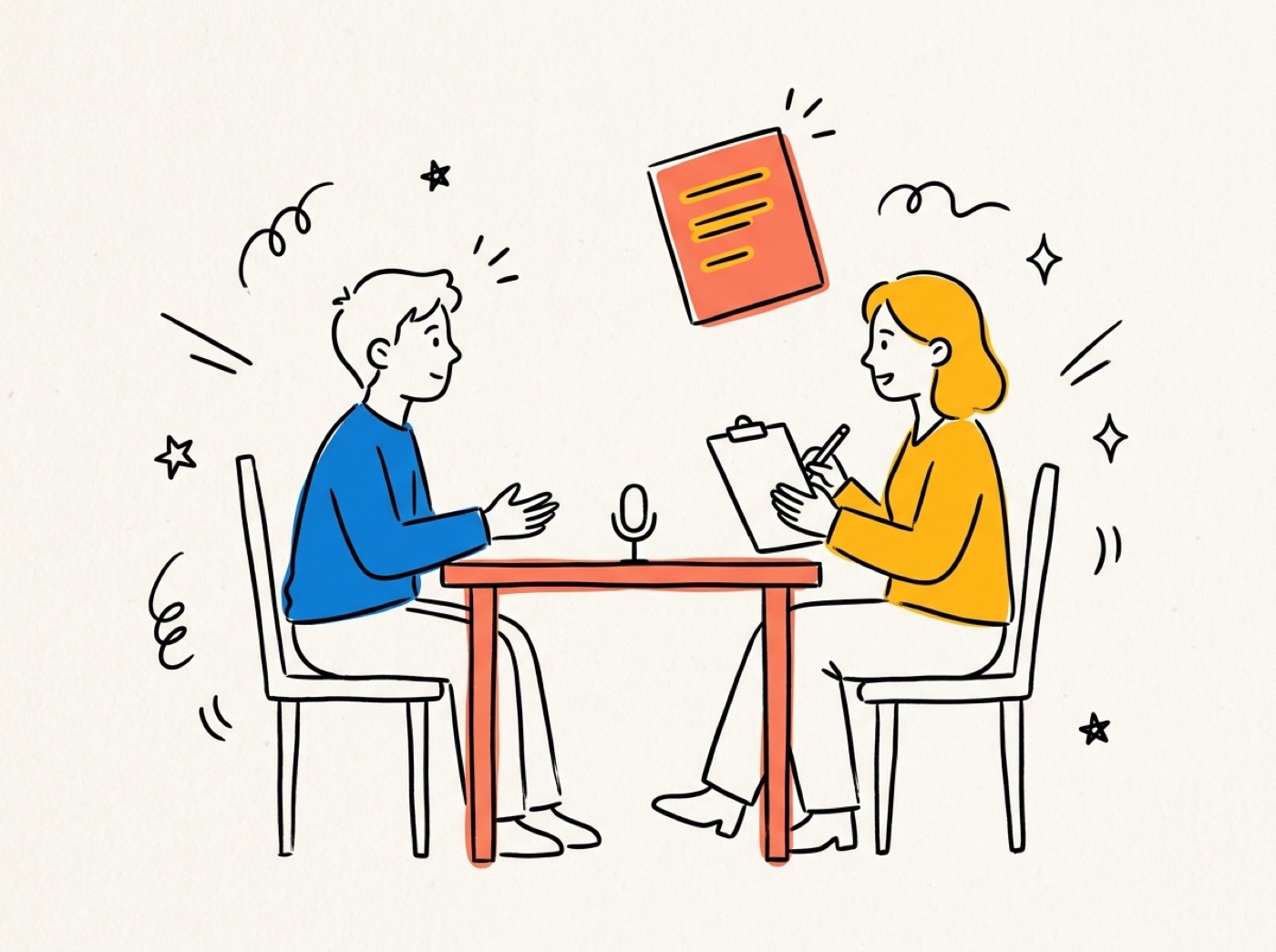 Illustration d’un candidat à un examen oral face à un examinateur, avec une petite carte de réponse