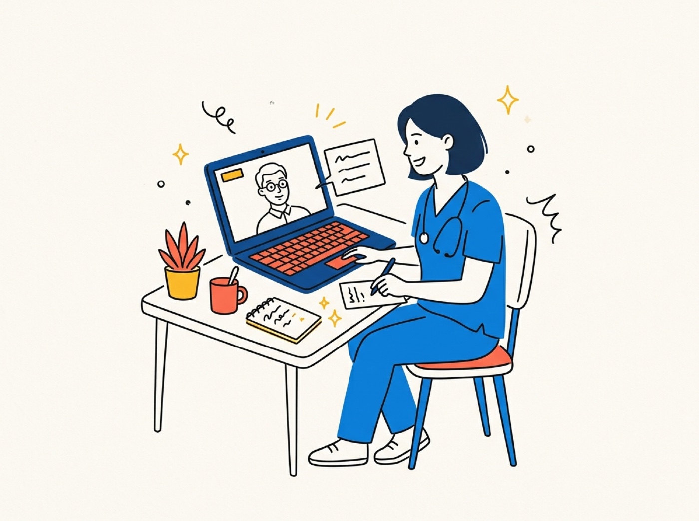 Illustration d’une candidate infirmière en appel vidéo avec un recruteur, une carte prompteur à côté de l’ordinateur