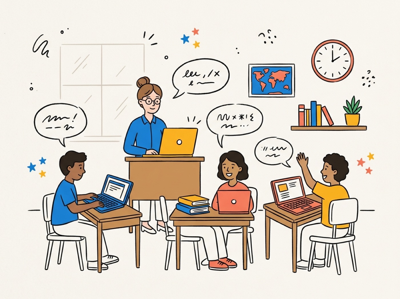 Illustration d’une petite salle de classe avec une enseignante et des élèves devant des ordinateurs