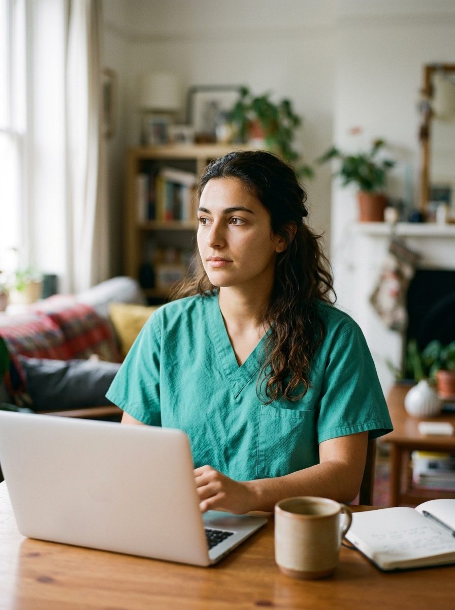 Portrait d’une candidate infirmière qui étudie sur un ordinateur portable