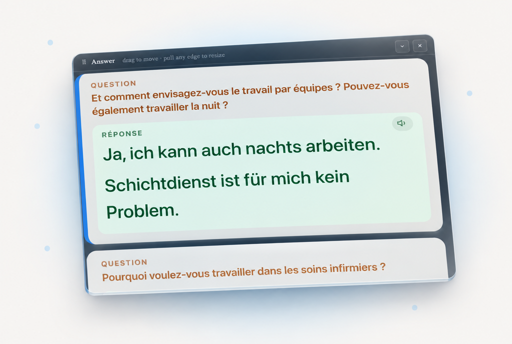 Fenêtre de réponse DEBOB2 pendant une simulation d’entretien infirmier : question sur le travail posté traduite en français, réponse courte en allemand