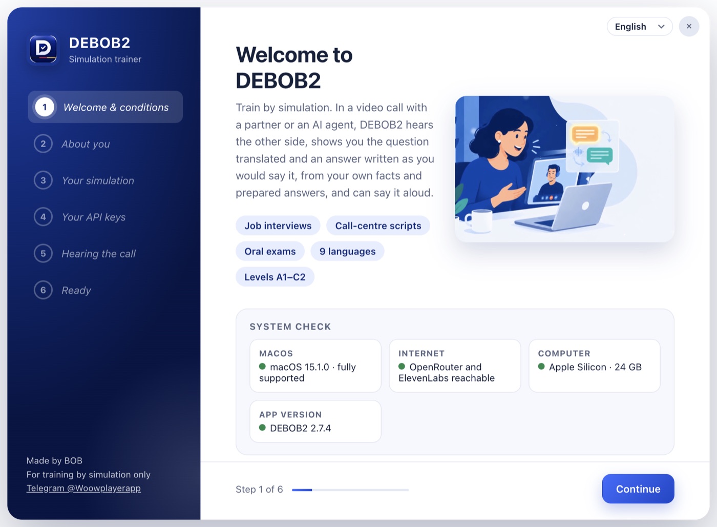 Page de l’assistant DEBOB2 pour les clés API OpenRouter et ElevenLabs avec test en direct